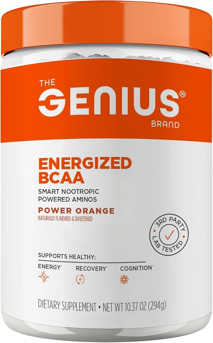 Genius BCAA Powder - 5g Vegan BCAAs L-Glutamine Cognizin &amp Rhodiola Muscle Recovery Energy Support 100mg Caffeine Pre Intra Post-Workout Nootropic Supplement for Focus &amp Performance - Orang