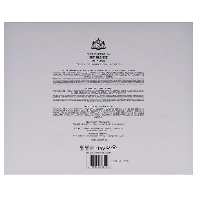 New Brand Prestige Silence for Women - 4 Pc Gift Set 3.3oz EDP Spray 0.5oz EDP Spray 4.3oz Shower Gel 4.3oz Body Lotion