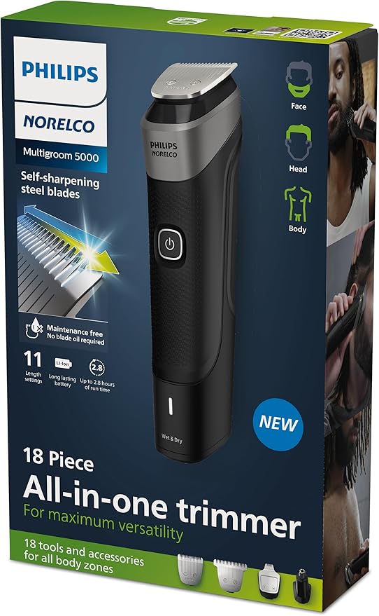 Philips Norelco Multigroom 5000 Series All-in-One Trimmer and Hair Clipper 18-Piece Men's Grooming Kit for Beard Face Hair Body and Intimate Areas No Blade Oil Needed Model MG5910/49