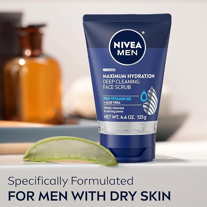 NIVEA MEN Maximum Hydration Deep Cleaning Face Scrub With Aloe Vera 3 Pack of 4.4 Oz Tubes
