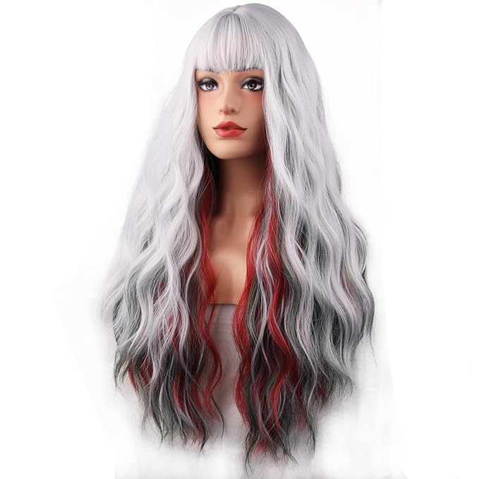 BERON Silver and Red Green Wigs Curly Wavy Women Wigs with Bangs Mixed Color Heat Resistant Synthetic Wig for Christmas Cosplay or Daily Wigs Wig Cap Included