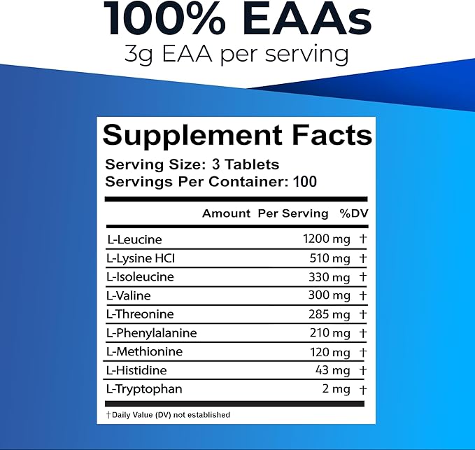 Ultimate 100% Essential Amino Acid Supplement for Cutting Fasting &amp Workouts - All 9 EAAs 40% Leucine ? Ideal BCAA Ratio for Energy Muscle &amp Recovery - 300 Easy-to-Swallow Keto &amp Vegeta