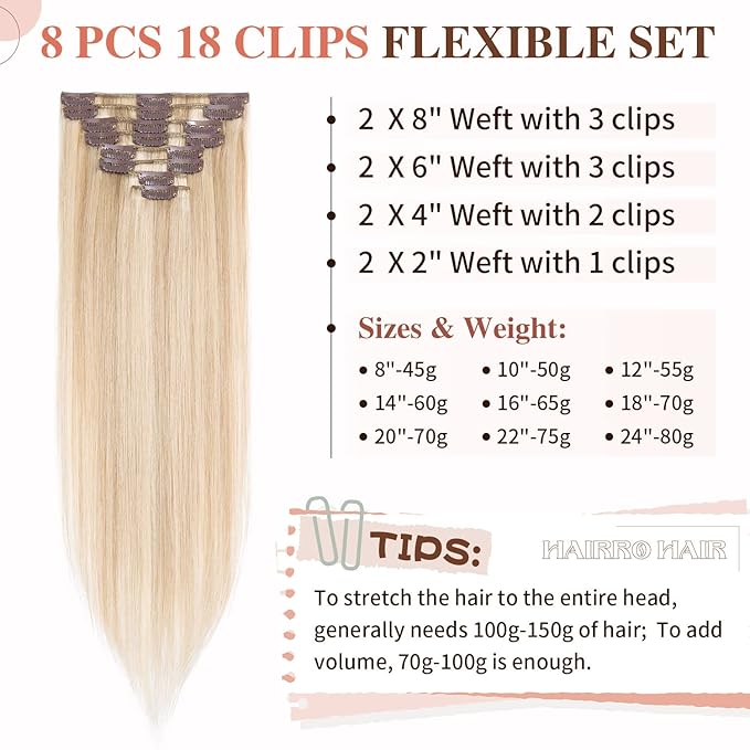 Hairro 100% Human Hair Clip in Extensions Straight Real Hair Hairpieces Machine Weft Extensions to Add Length for Women 20 Inch 8pcs 18 Clips Long Thin Ash Blonde Mix Bleach Blonde