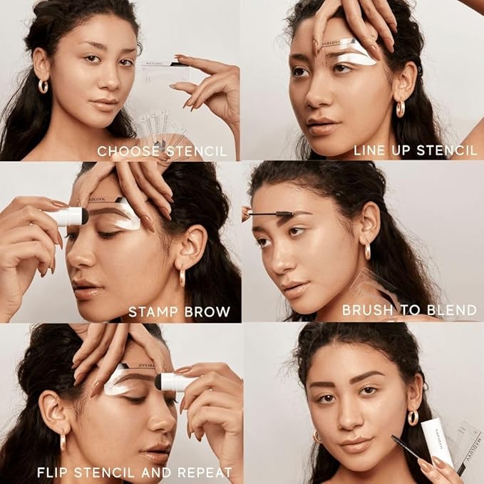 MADLUVV Brow Stamp Kit with Brow Stencils ? Easy Eyebrow Shaper for Natural-Looking Brows ? Popular Eyebrow Stencil Kit Used by Professionals ? 9 Shapes Spoolie Travel Bag &amp Stamp (Dark Grey)