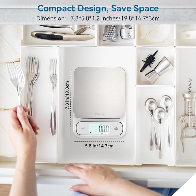 BOMATA Waterproof IPX6 Kitchen Scale 0.1 g/0.01 oz High Precision 5 kg/11 lbs Digital Scale with Backlight Stainless Steel Weighing Platform for Food Cooking Baking Weight Loss.. B619 White