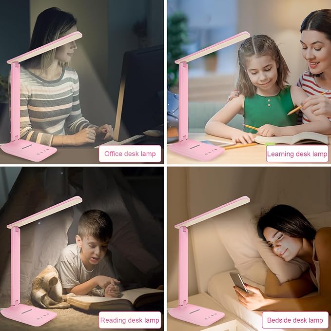 White crown LED Desk Lamp Dimmable Table Lamp Reading Lamp with USB Charging Port 5 Lighting Modes Sensitive Control 30/60 Minutes Timer (Pink First-Generation)