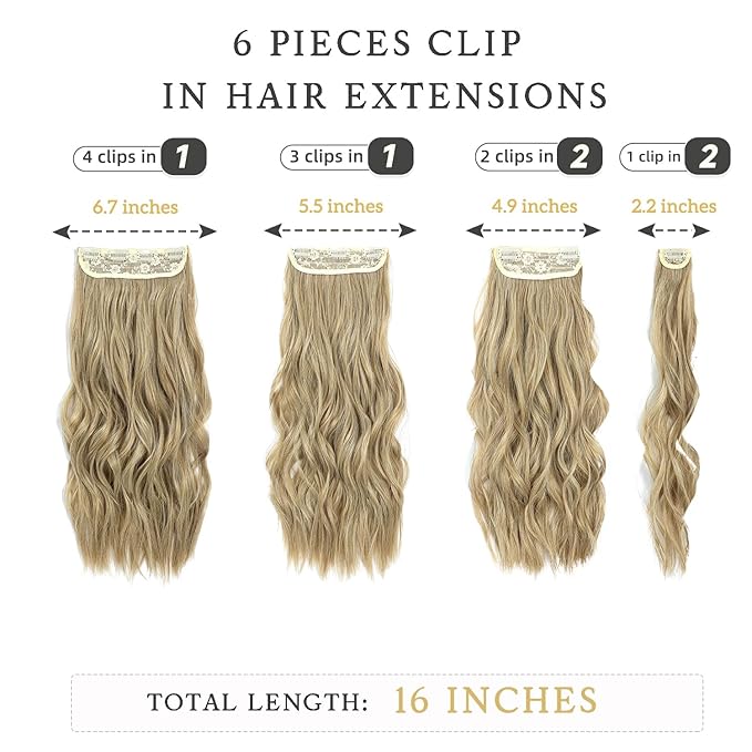 Clip in Hair Extensions 6 PCS Natural &amp Soft Hair &amp Blends Well Hair Extensions Long Wavy Hairpieces(16inch 6pcsMixed Dirty Blonde)