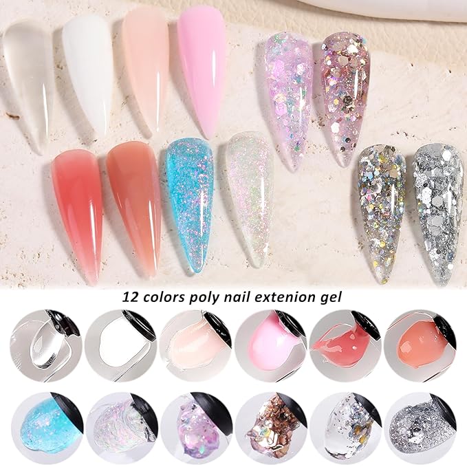 Poly Nail Gel Kit with UV Light 12 Colors Clear Nude Pink Iridescent Glitter Extension Gel Builder Gel Starter Kit Base Top Coat Set Slip Solution Nail Gel Kit for Beginners with Everything