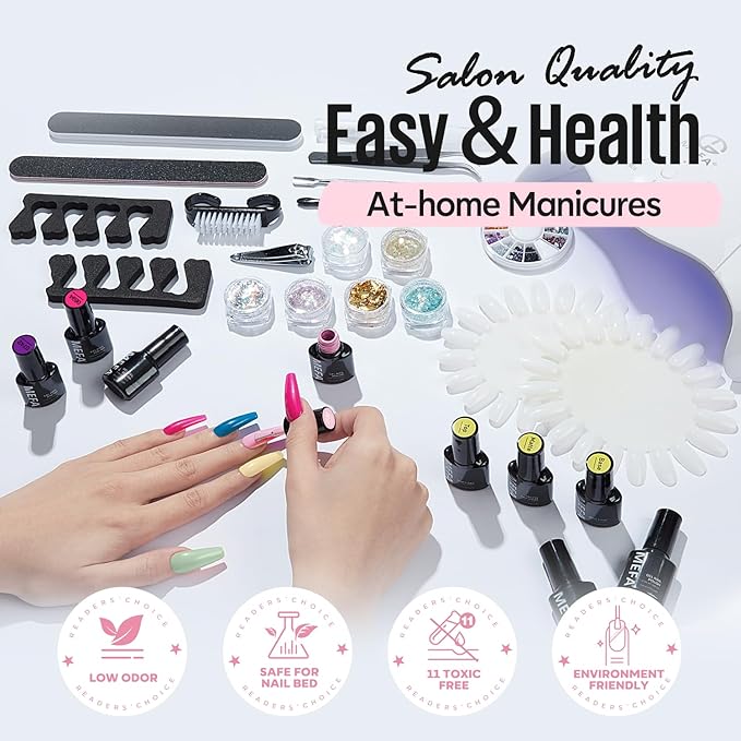 MEFA 56 Pcs Gel Nail Polish Kit with U V Light 32 Colors Hot Pink Colorful Gel Nail Kit Glitter nail Polish Set Nail Art Decorations Manicure Tools DIY Gifts
