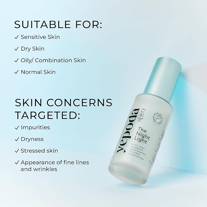 Yepoda The Night Light Oil-Free Soothing &amp Clarifying Night Moisturizer with Aloe Vera Mugwort &amp Niacinamide Hydrating Vegan Korean Facial Moisturizer for All Skin Types 1.69 FL. OZ. (50 m