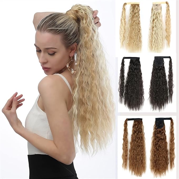 Hair Chignon 22 Inch Synthetic Corn Wavy Long Ponytail Wig Wrap Hair Clip Extensions Ponytail Hair Bun Women Hair Accessories Hair Pieces For Women(1B)