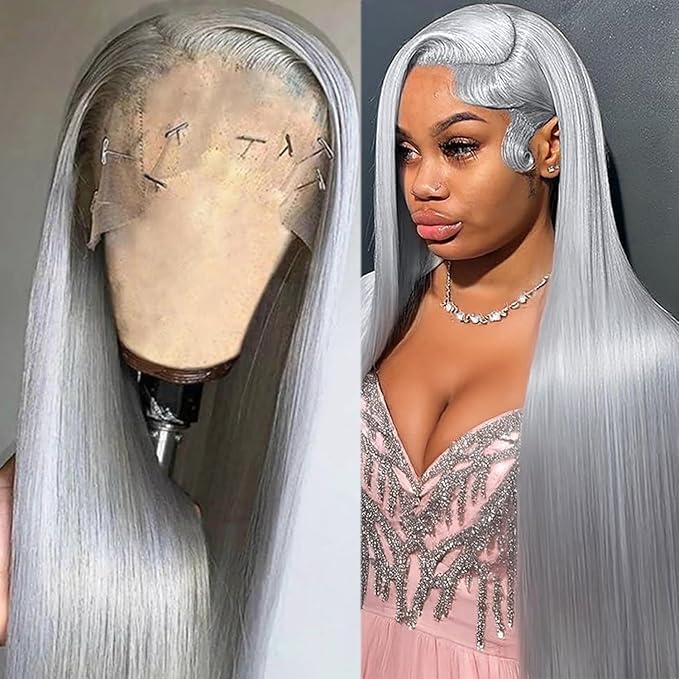 Grey Lace Front Wigs Human Hair 180% Density 13x4 HD Transparent Lace Frontal Wig Real Human Hair Pre Plucked Bleached Knots Gray Silver Color Brazilian Virgin Glueless Wigs for Black Women 20 Inch