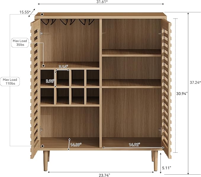 Mid Century Bar Cabinet with Wine Racks Modern Liquor Cabinet with Slatted Doors for Dining Room Living Room (Natural Color)