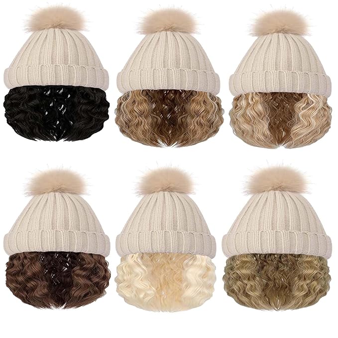Beanie Hat Wig Winter Warm Knitted Black Beanie Hat with bob Curly Wavy Hair Extension Synthetic Hairpiece hat Wig
