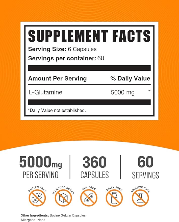 BulkSupplements.com L-Glutamine Capsules - Glutamine Supplement Amino Acid Supplement - Gluten Free 6 Capsules per Serving (5000mg) 360 Count (Pack of 1)