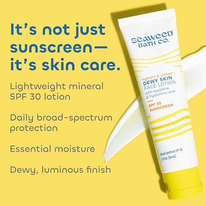 Seaweed Bath Co. Hydrate &amp Protect Dewy Skin Face Lotion SPF 30 Broad Spectrum Zinc Oxide Facial Sunscreen 2 Ounce Sustainably Harvested Seaweed Hyaluronic Acid Squalane
