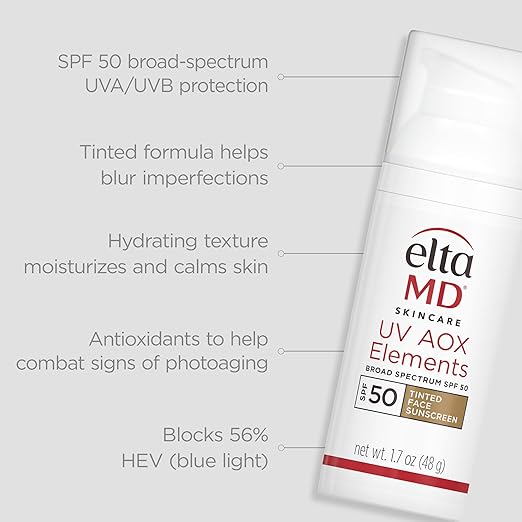 EltaMD UV AOX Elements Tinted Mineral Face Sunscreen Lotion Tinted Moisturizer for Face SPF 50 with Antioxidants For Dry Sensitive Skin 1.7 oz Pump