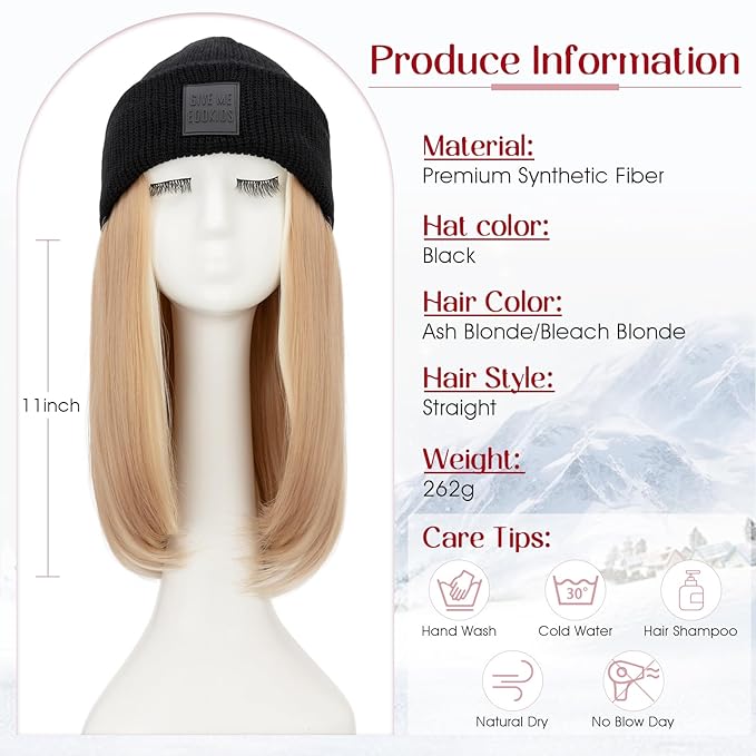 S-noilite Beanie Wig Hair Extensions11 Inch Short Straight Hair Extensions with Knitted Hat Hairpieces for Women Winter Ash Blonde with Bleach Blonde