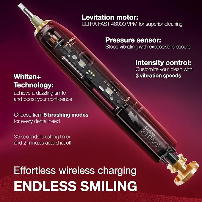 Wagner Stern WHITEN+ Edition. Whitening Electric Toothbrush with Pressure Sensor. Offers 5 Brushing Modes 3 intensities 8 Soft Brush Heads and a Luxury Travel case.