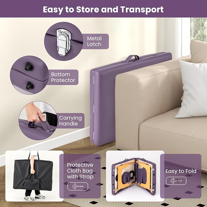 Giantex Massage Table Portable Massage Bed w/Carrying Case 2-Section Salon Spa Facial Care Tattoo Bed Height Adjustable Wood Frame Professional Massage Lash Bed for Eyelash Extension (Purple)