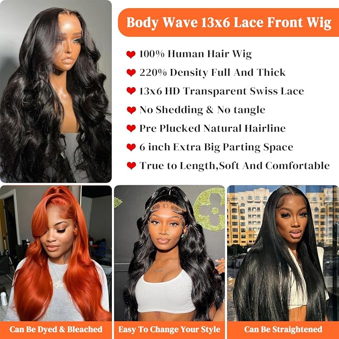 36 Inch Body Wave Lace Front Wigs Human Hair 13x6 HD Transparent Lace Front Wigs Pre Plucked Brazilian Virgin Human Hair Wig 220% Density Lace Frontal Wigs Natural Color