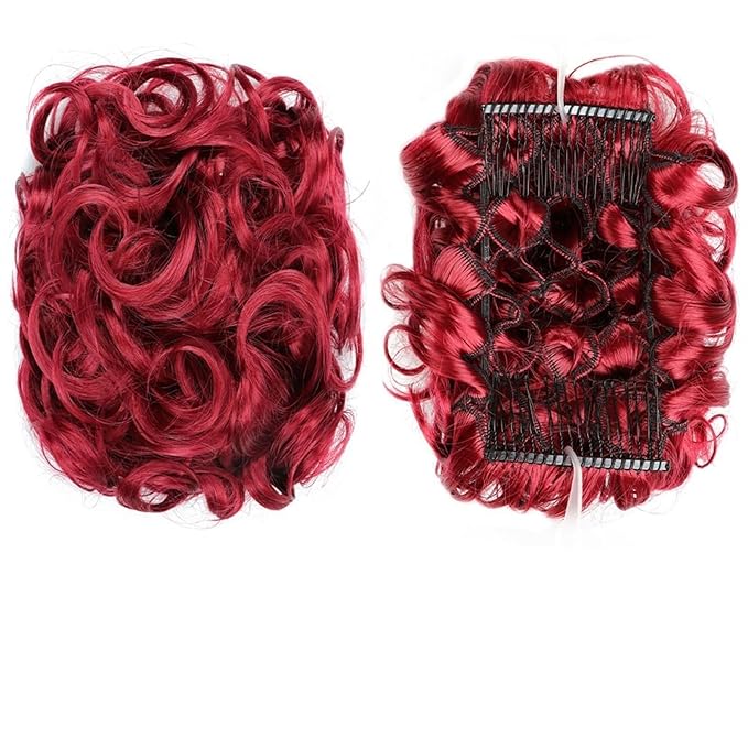 Hair Accessories Synthetic Messy Bun Wig Hair Pieces Wavy Curly Bun Ponytail Hair Extensions Bun Hair Comb Women Bun Wig Hair Pieces For Women(Burg)