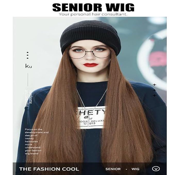 Women Winter Beanie Hat Wig Knit with Long Straight/Wig Wavy Curly Hair Wig Attached 23.6 Inch Synthetic Hairpiece