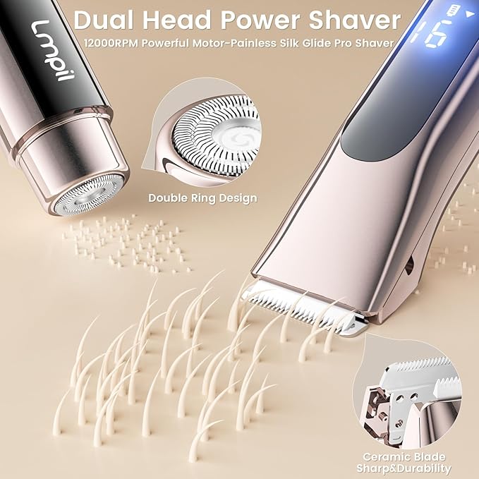 Bikini Trimmer for Women 2-in-1 Electric Razor with Dual Heads Ceramic Blade Waterproof &amp Rechargeable Painless Pubic Hair Shaver for Bikini Underarm Legs Face - PinkGold