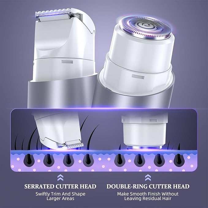 Bikini Trimmer for Women Dual Head Face Shaver Body Hair Trimmmer IPX7 Waterproof Womens Electric Razor for Legs Purple