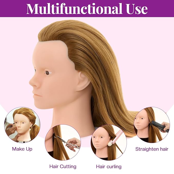 28Inch Mannequin Head with 80% Real Human Hair- Cosmetology Mannequin Head with Hair for Makeup Braiding Curling Cuting Make up Doll head for Styling with Table Clamp Hair Styling Set (Blonde)