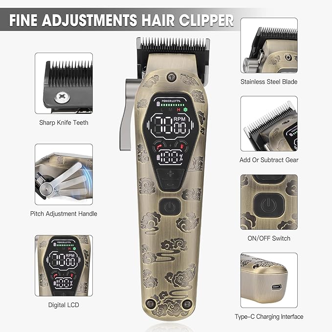 Professional Hair Clipper for Men - Cordless Clippers and Trimmers Set Heavy-Duty Motor Hair Cutting Kits with LED Display 7000RPM High-Power Motor USB Charging Gifts for Men Bronze