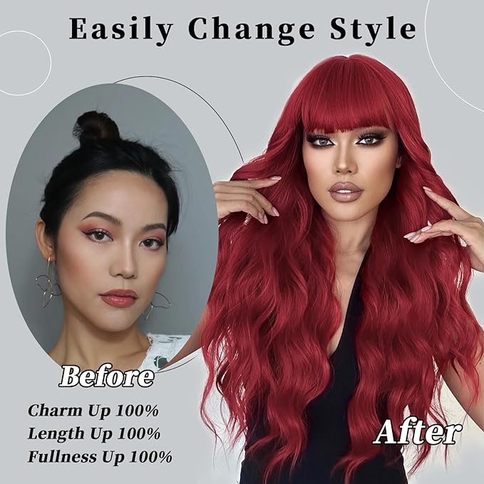 Lativ Red Wig With Bangs Long Red Wigs for Women 26 Inches Curly Wavy Hair Natural Looking Heat Resistant Fiber Wig for Girls Halloween Party Use