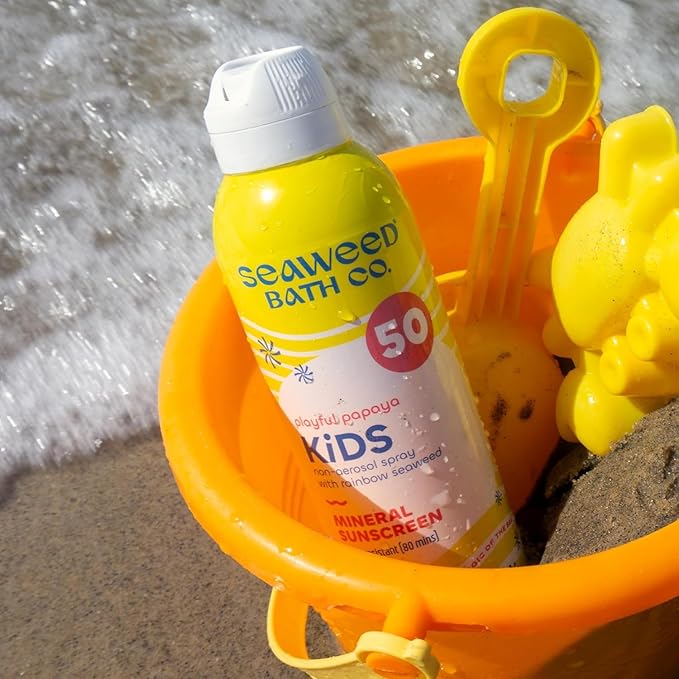 Seaweed Bath Co. Kid's Mineral SPF 50 Broad Spectrum Sunscreen Spray 6 Ounce (Pack of 2) Papaya Scented Water Resistant Tear Free Sensitive Formula with Zinc Oxide Rainbow Seaweed Watermelon