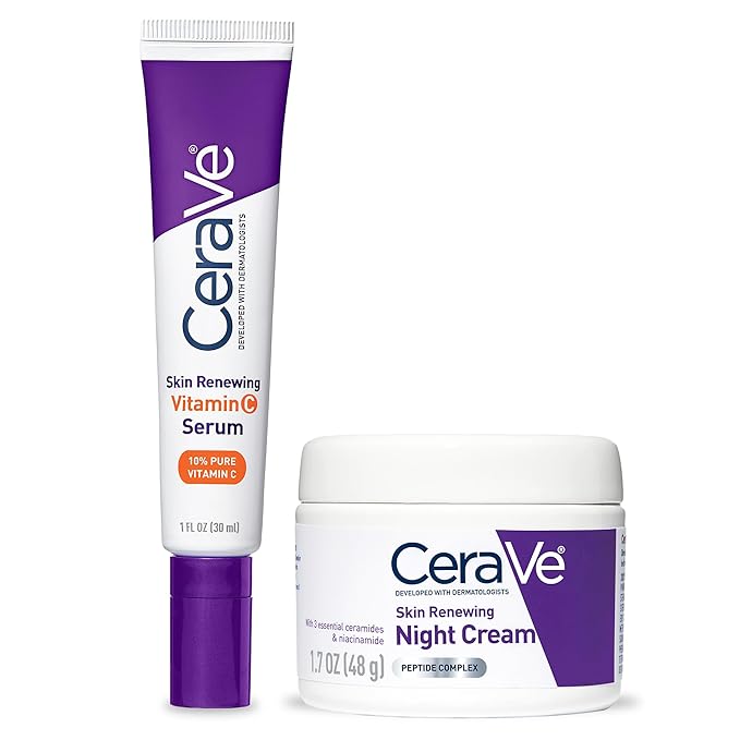 CeraVe Vitamin C Serum and Night Cream Skin Care Set Brightening Serum with 10% Pure Vitamin C &amp Night Moisturizer with Peptides + Hyaluronic Acid Travel Essentials 1oz Vit C + 1.7oz Moisturize