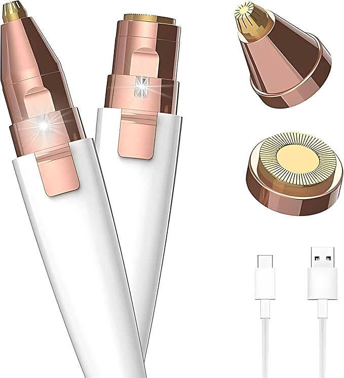 2-in-1 Facial Hair Remover for Women ? Rechargeable Eyebrow Trimmer &amp Body Groomer with LED Light Hypoallergenic Blades ? Pain-Free for Upper Lip Chin Bikini Line