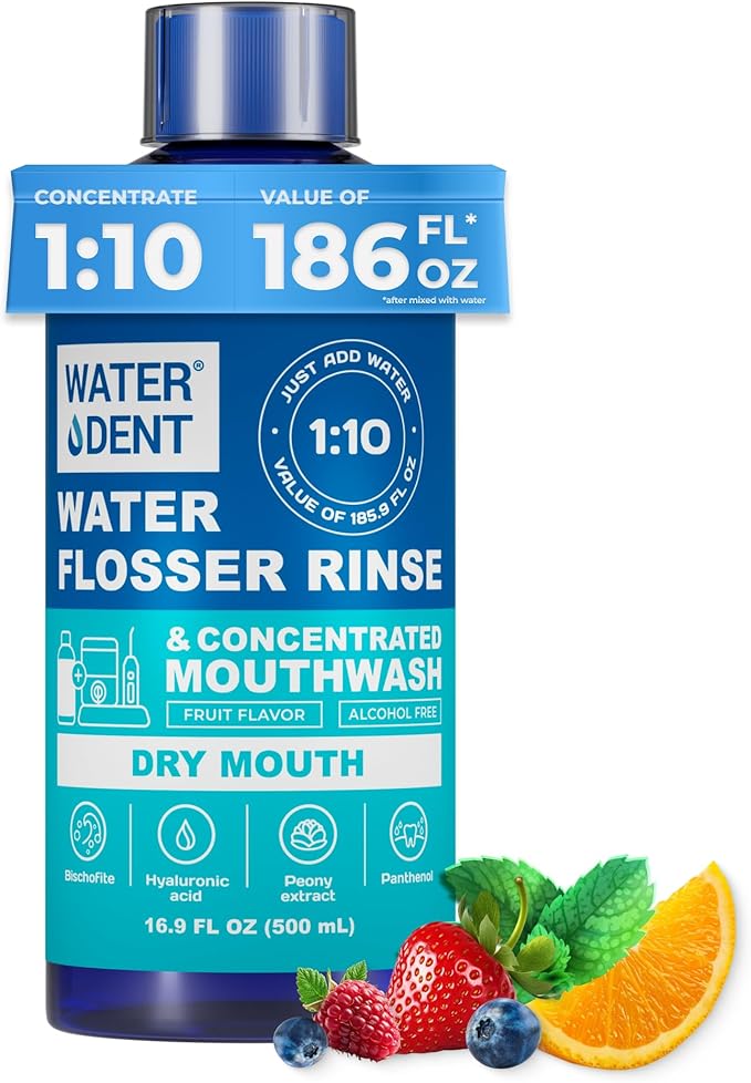 Concentrated Irrigant and mouthwash Dry Mouth | Add to Water Flossers | Fruit Flavor | When dilluted 16.9 fl.oz = 186 fl.oz | Alcohol Free Fluoride Free. Made in USA (Non-Medical) WATER DENT