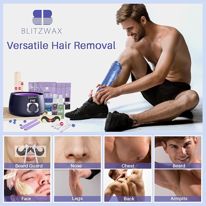 BLITZWAX Brazilian and Bikini Waxing Kit for Men Hard Wax Warmer for Face Legs and Body At Home Hair Removal Kit Beginner Friendly Quick Heating 30 Nose Wax Sticks