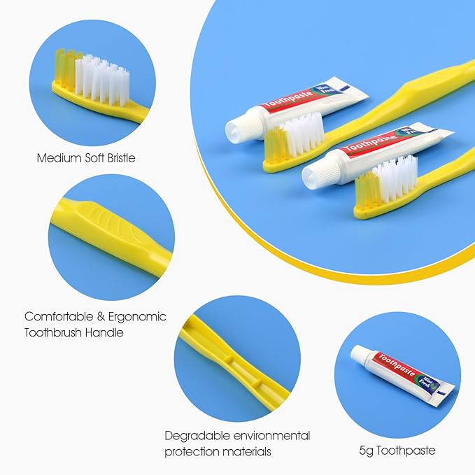 Homvle Disposable Toothbrushes with Toothpaste - 100 Packs Individually Wrapped Travel Toothbrushes Bulk Medium Soft Bristles Perfect for Travel Size Toiletries OCC Airbnb Dentist Office