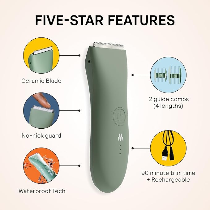 MERIDIAN The Trimmer Original - Body Hair Trimmer for Men Electric Shaver for Pubic Hair Chest Legs &amp Bikini Waterproof &amp Rechargeable Sage