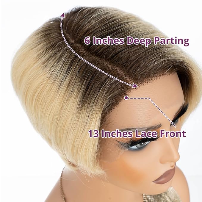 Side Part Black Human Hair Pixie Wigs HD Lace Front with Swept Bangs Short Curly Natural Color Glueless Cap for Women (Ombre Brown6 Inch)