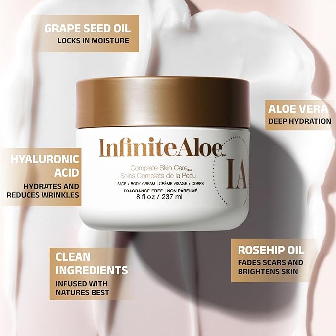InfiniteAloe Complete Skin Care Aloe Vera Powered Face and Body Cream for Dry Skin Relief Fragrance Free - 4 Large Jar 8 oz &amp 4 Travel Jar 0.5 oz