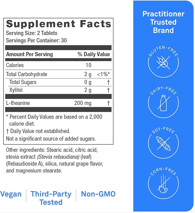 NeuroScience GABA Trex L Theanine Supplement - Calm Aid for Daytime Stress Support &amp Evening Relaxation - Chewable Grape-Flavored Tablets - Vegan &amp Non-GMO (60 Tablets)
