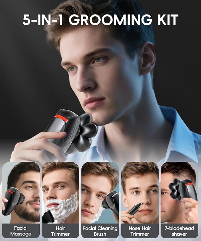 Head Shaver for Bald Men - IPX8 Waterproof Electric Razor for Wet/Dry Use with LED Display USB-C Fast Charge &amp 5 Attachments Black
