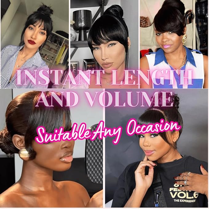 Grey Bun &amp Bangs Set 2PCS - Quick Clip in Ponytail Bun with Bang M Size Updo Twist Braided Chignon Scrunchie Hair Piece for Black Women