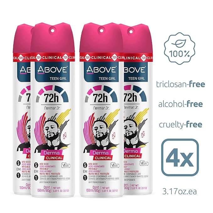 ABOVE 72 Hours Derma Clinical Antiperspirant Deodorant Neymar Jr Teen Girl 4 Pcs - Deodorant for Teens - Red Fruits and Vanilla Notes - Dry Spray