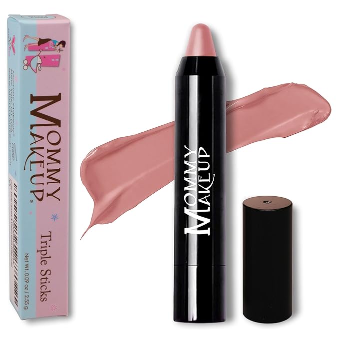 Mommy Makeup Triple Sticks Lipstick Cream Blush &amp Treatment All-In-One with Shea &amp Cocoa Butter - Soft &amp Creamy Moisturizing Lip Crayon For Lips &amp Cheeks (Pink-a-boo)