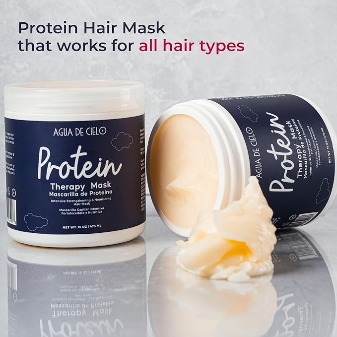 Agua de Cielo Protein Therapy Hair Mask for Damaged Hair - Strengthens Conditions &amp Improves Elasticity With Argan Oil Collagen &amp Hydrolyzed Keratin - 16 Oz