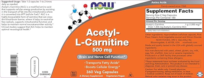 NOW Foods Now Acetyl L Carnitine 500mg 360 Veg Capsules - Non-GMO ACL 500 mg Caps