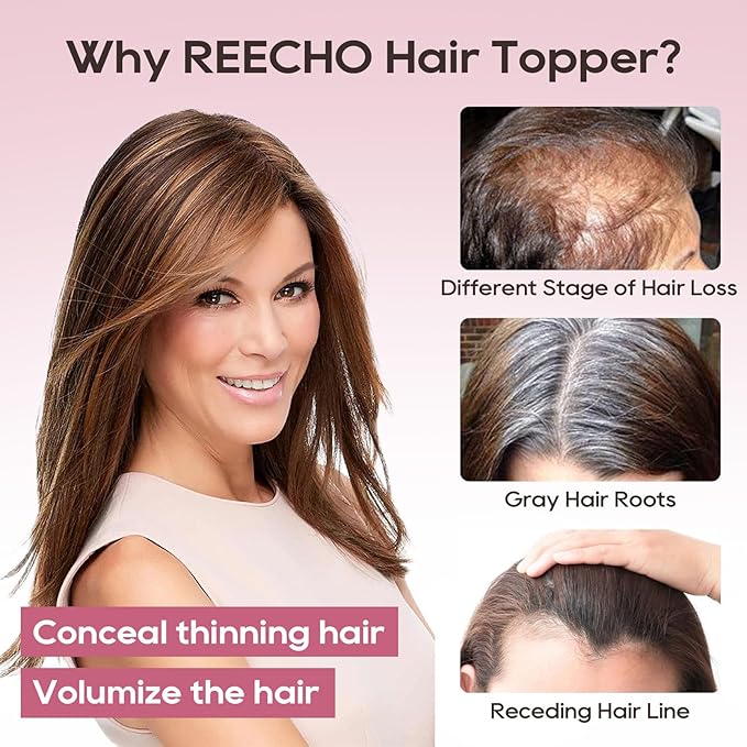 REECHO Hair Toppers for Women Real Human Hair Seamless Human Hair Toppers with Bangs 360° 3D Cover Clip in Bangs Hair Extensions for Daily Wear Natural Black