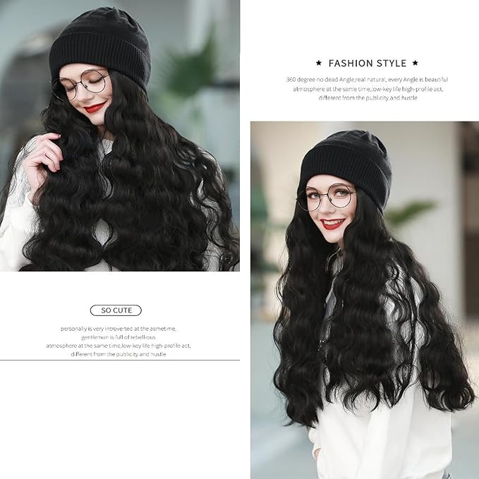 Women Winter Beanie Hat Wig Knit with Long Straight/Wig Wavy Curly Hair Wig Attached 23.6 Inch Synthetic Hairpiece